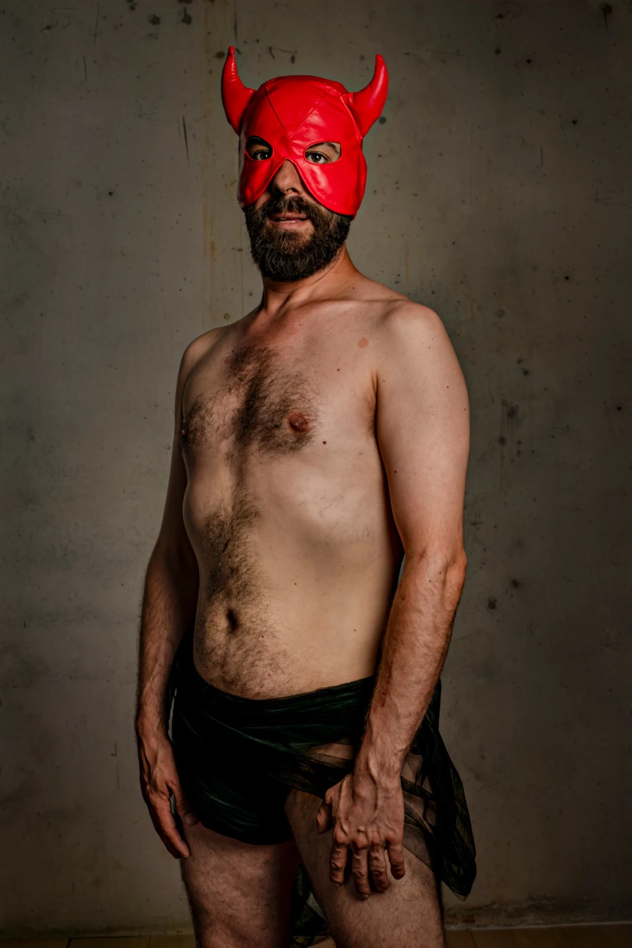 A bearded sitter in a red devil mask stands bare-chested, with dark fabric around the hips.