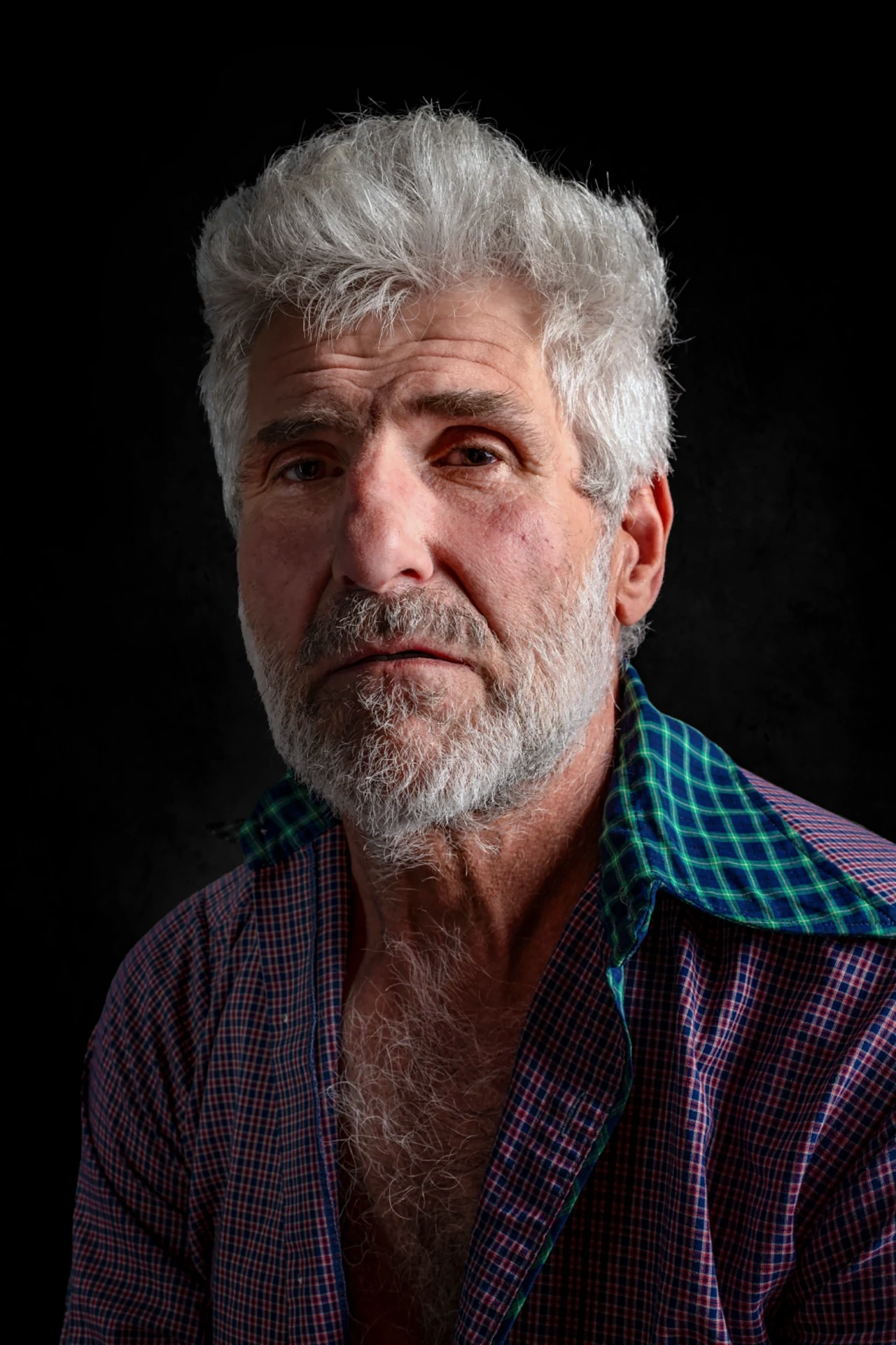 A silver-haired, bearded sitter wears an open-necked purple and green checked shirt against a dark background.