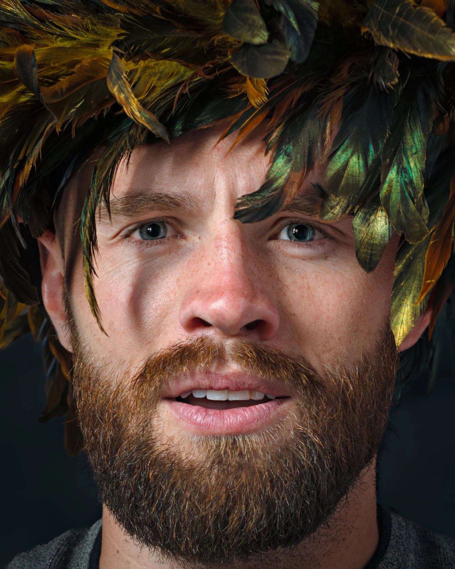 A close portrait of a red-bearded sitter looking directly at the camera beneath a crown of iridescent golden feathers.